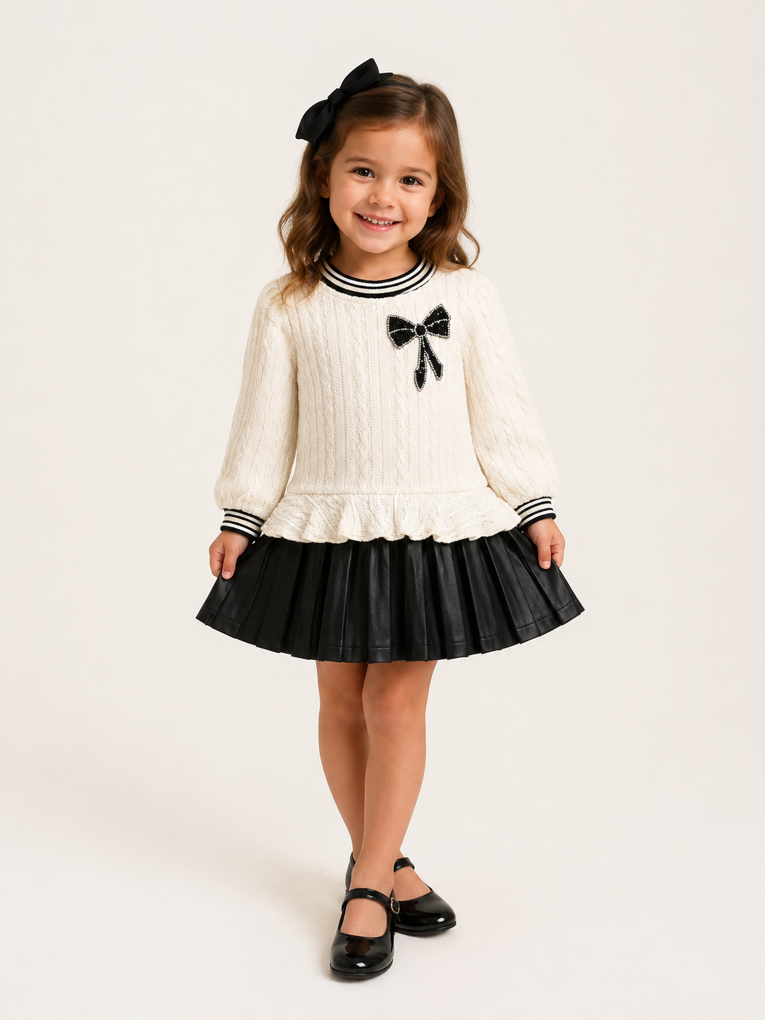 Cable Knit Faux Leather Pleated Dress