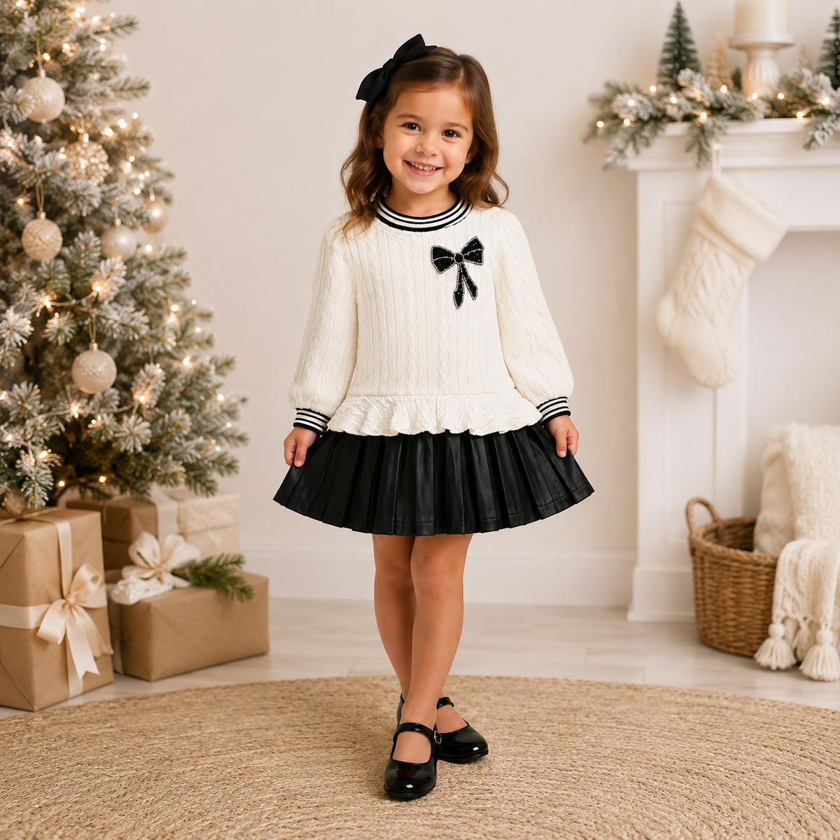 Cable Knit Faux Leather Pleated Dress