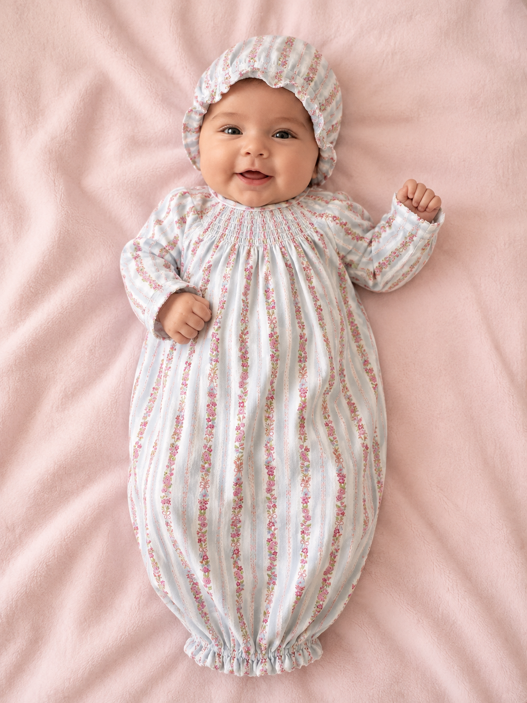 Light Blue Pink Floral Gown & Hat