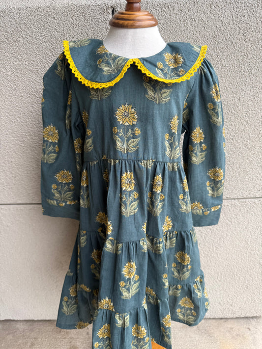 Dark Green Mustard Floral Collared Dress