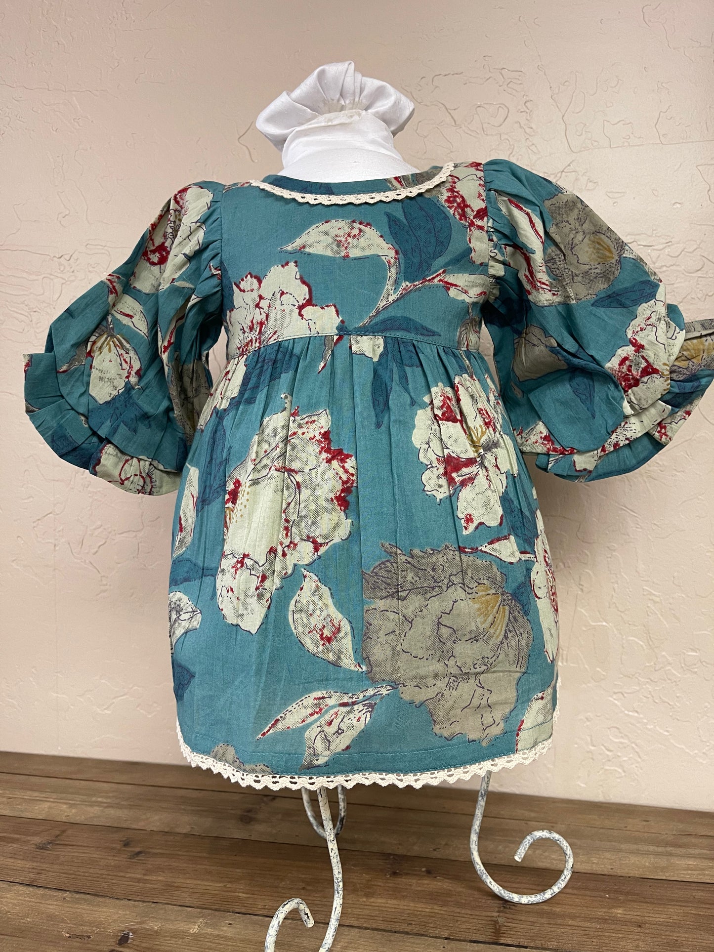 Aqua Floral Dress Puff Sleeve