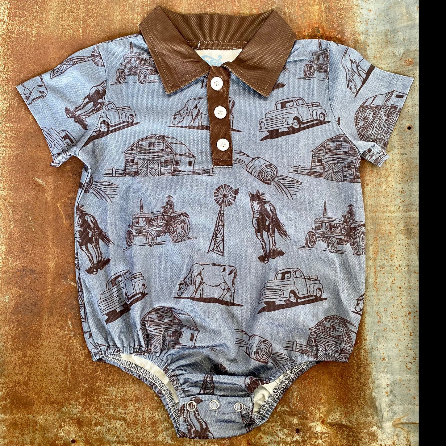 Blue Farm Print Onesie