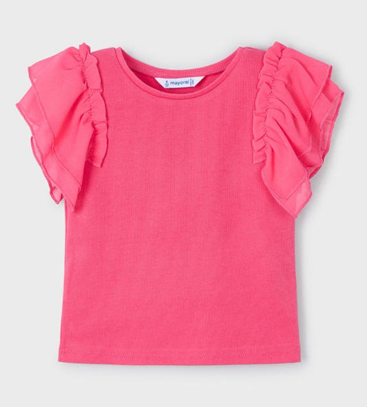 3013 Coral Ribbed Ruffle Sleeve