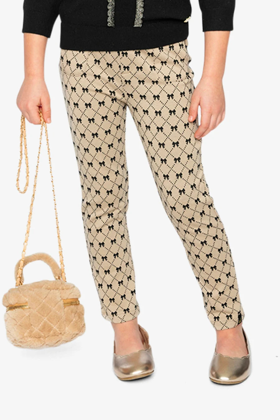 Beige Black Bow Tie Print Leggings