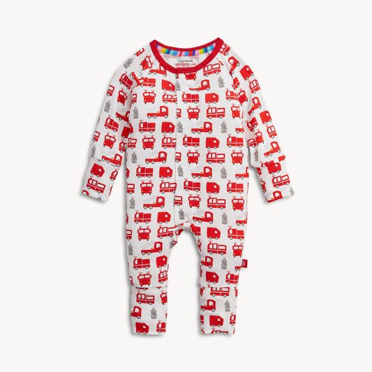 Magnetic baby coverall with firetrucks 