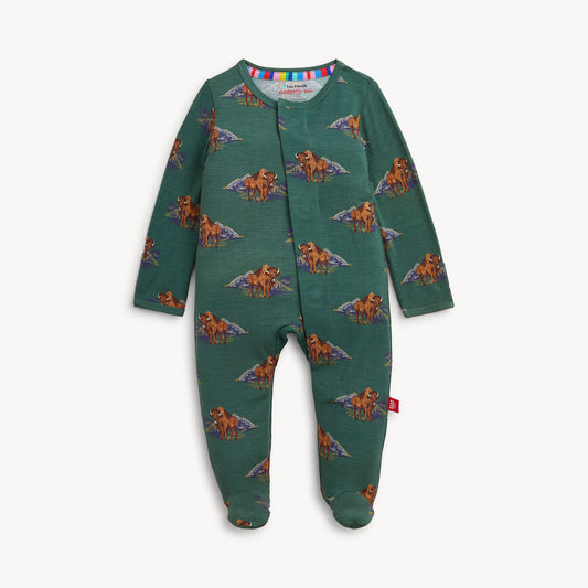 A baby long-sleeve footed sleeper in dark green with an allover print of bison's