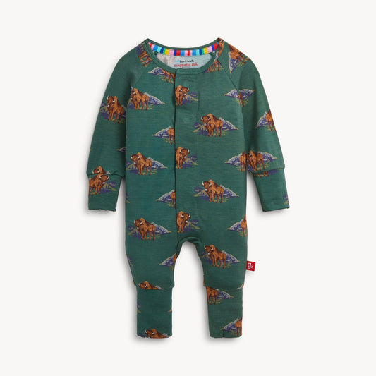Baby long-sleeve footless one-piece pajama or romper coverall in dark teal green, featuring an all-over print of bison's and colorful mountains.