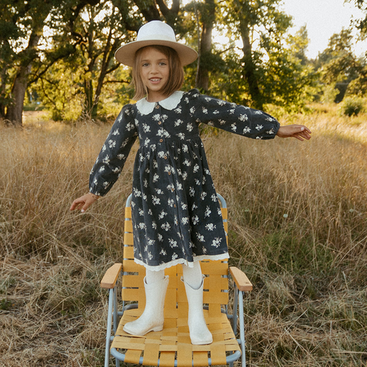 Corduroy Grey Bloom Eyelet Dress