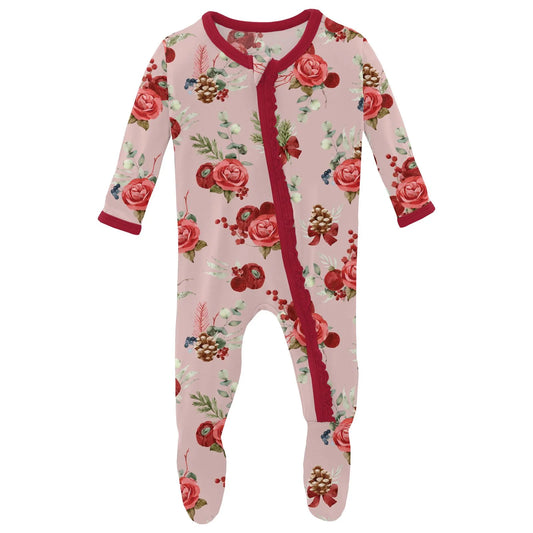 Baby Rose Holiday Floral Ruffle Footie