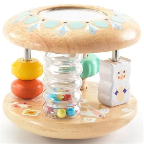 A wooden baby sensory toy with a mushroom-shaped top, clear glass spiral tube, colorful beads, and a white bear-shaped push toy on a light wood base.