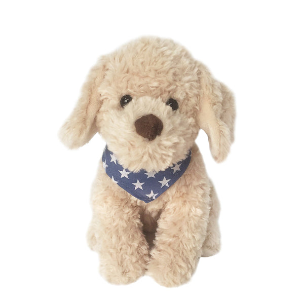 Plush dog toy with a starred blue bandana 