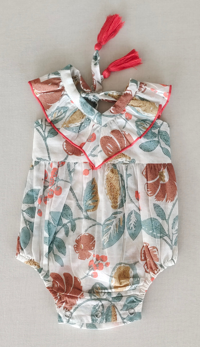 White Floral Print Bubble w/ Frill Neck Design
