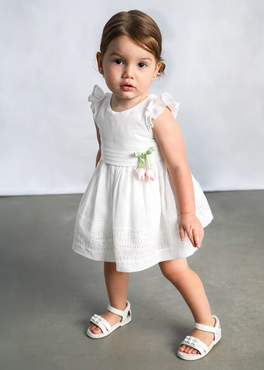 Ecru Linen Dress with Pink Flower