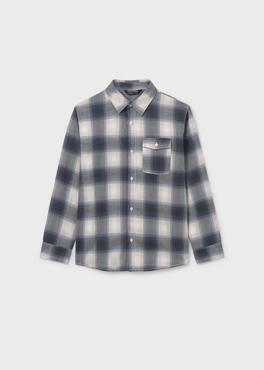 Grey Steel Blue Plaid Flannel Shirt
