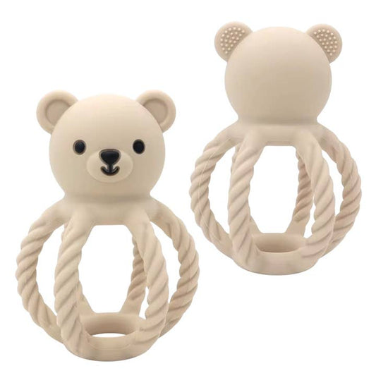 Two beige bear-shaped teething rings with rope handles on a white background