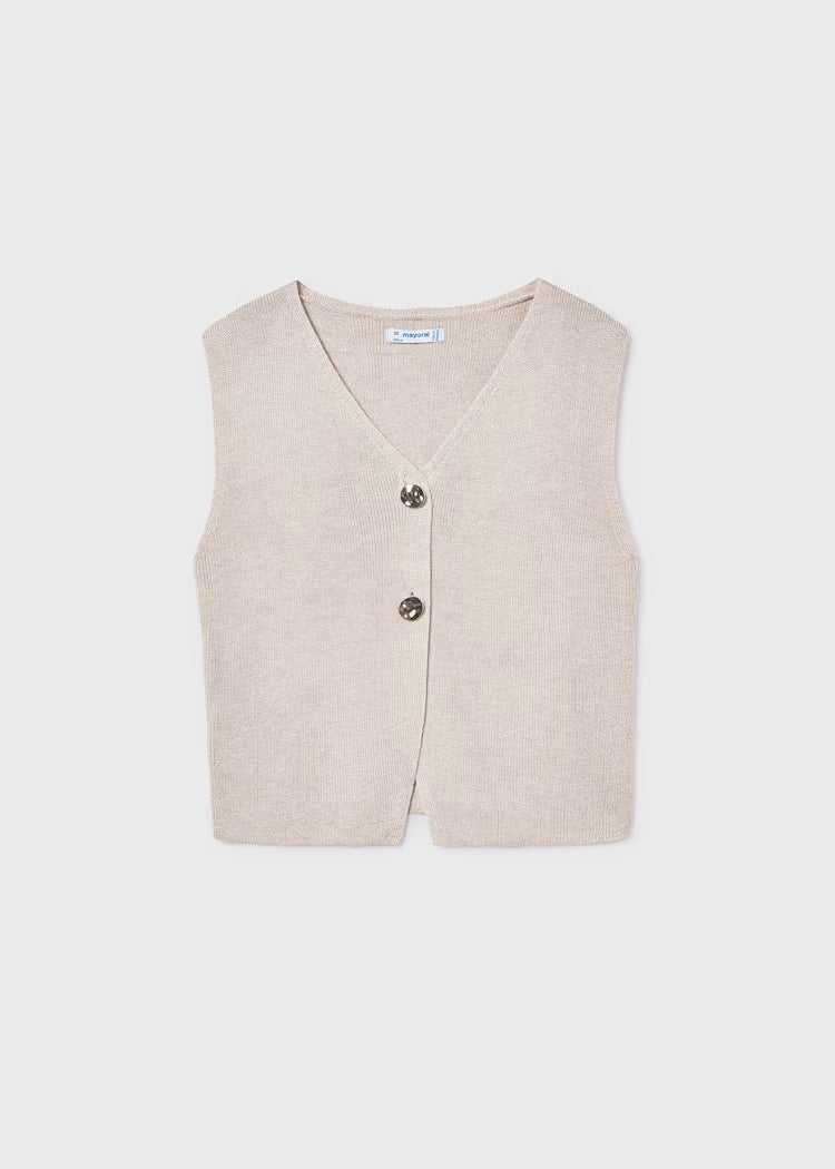 Almond Knit Vest with Gold Button