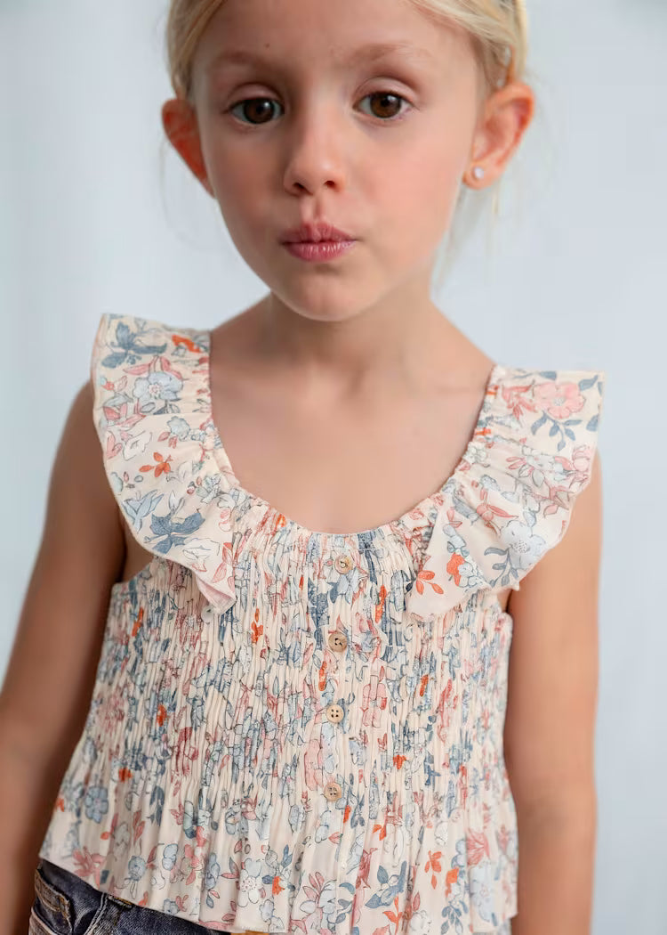 Floral Salmon Blue Ruffle Top