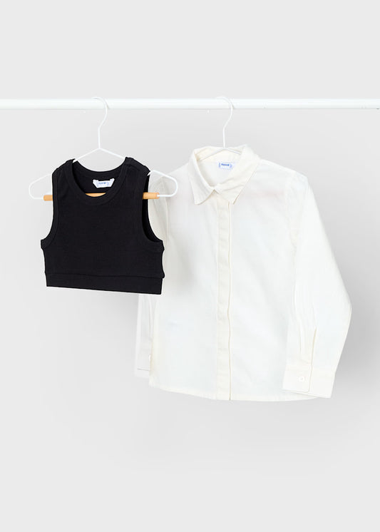 White Poplin Shirt with Black Vest Set