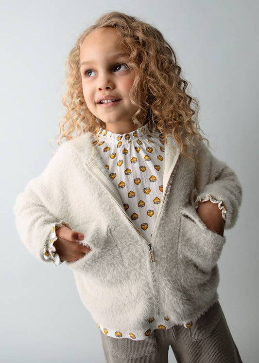 Almond Furry Knit Zip Up Sweater