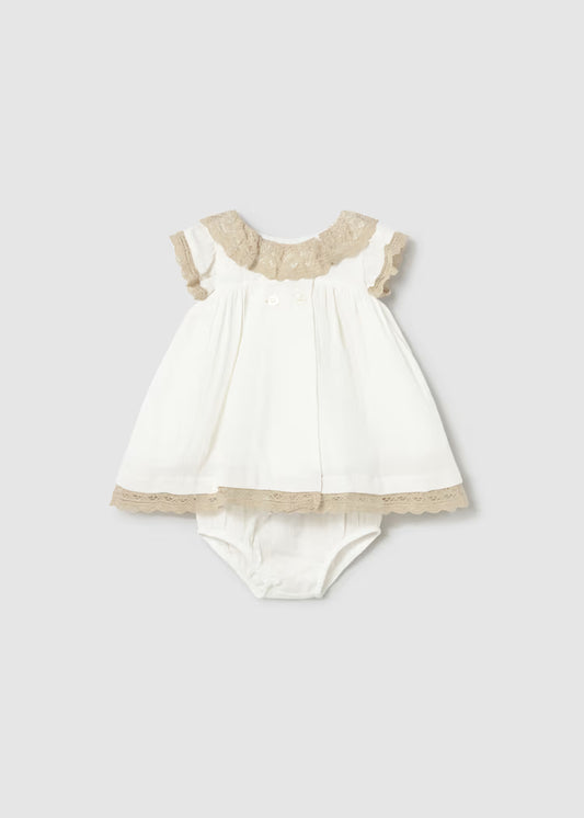 Cream Cotton Dress with Beige Trim Lace