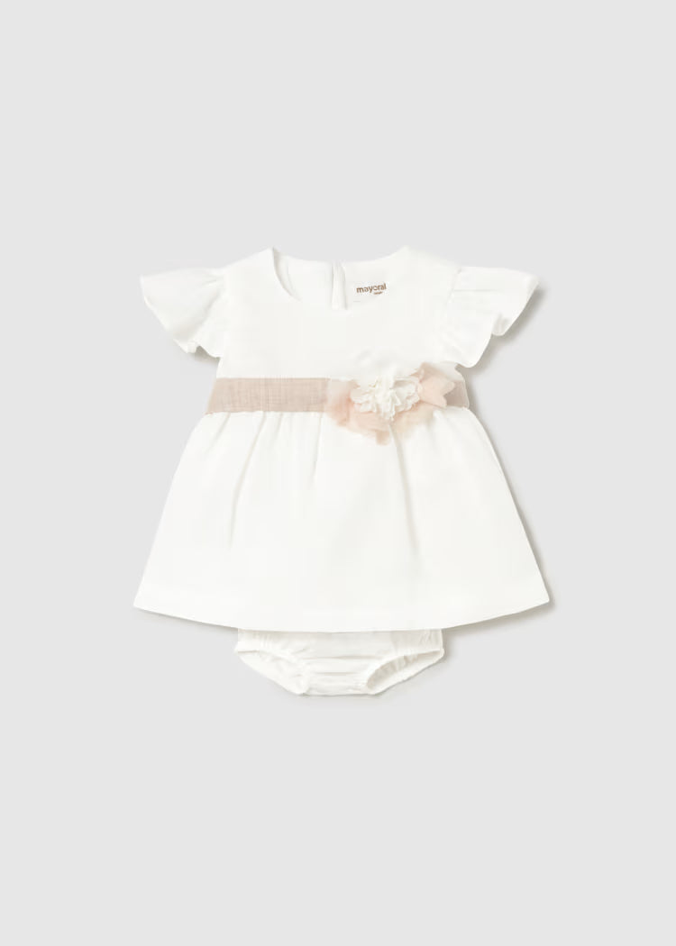 Cream Linen Floral Sash Dress