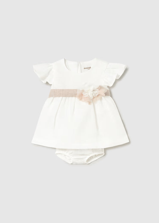 Cream Linen Floral Sash Dress