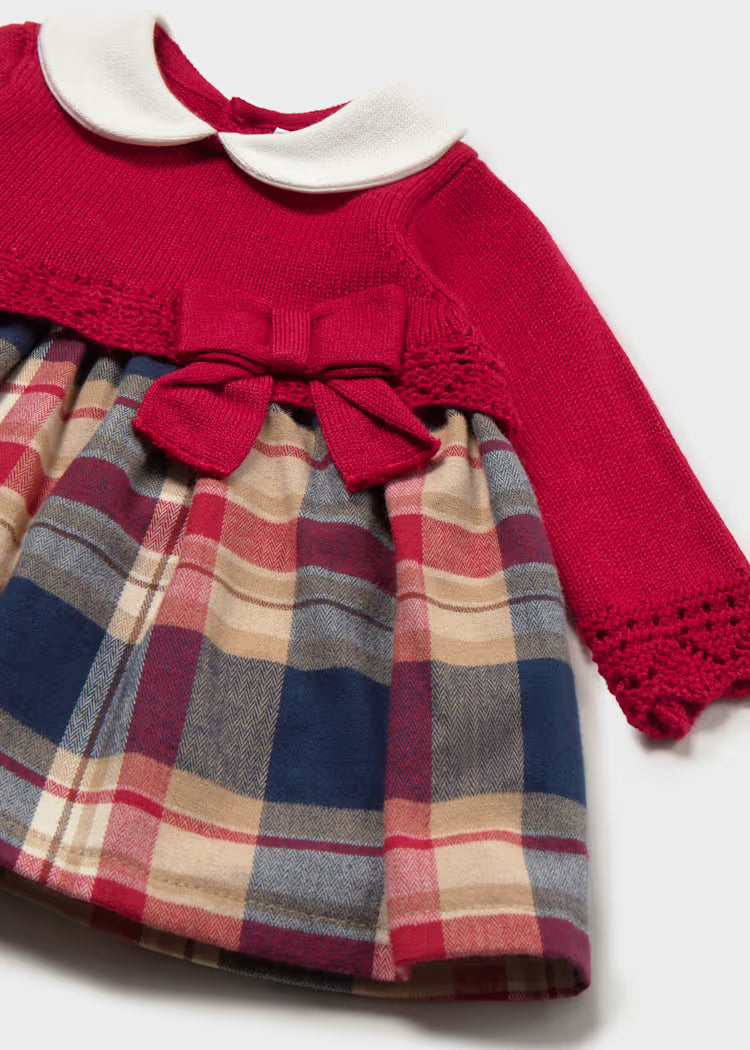 Combined Red Knit with Plaid Dress