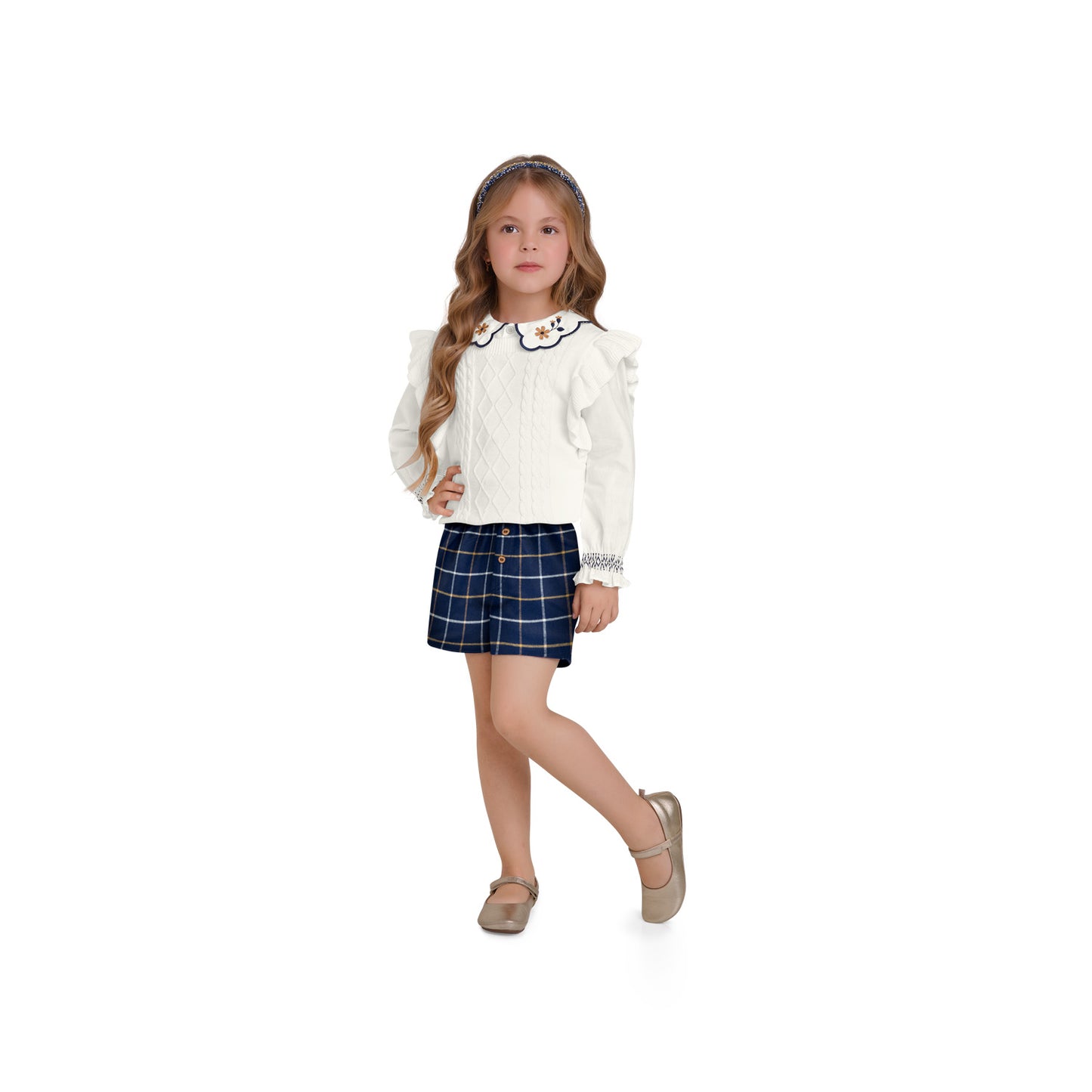 Embroidery Blouse Navy Fall Short Set