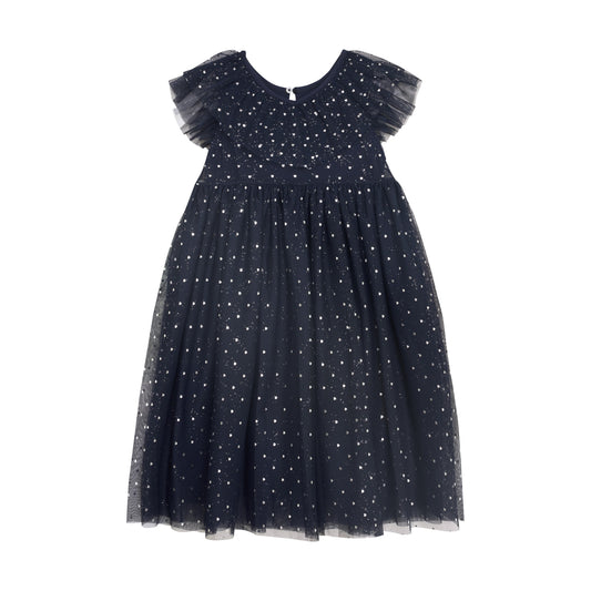 Navy Shimmer Mesh Dress Ruffle Collar