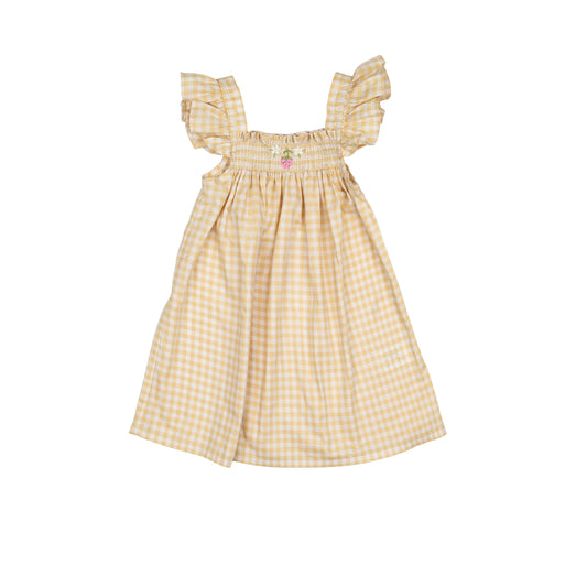 Yellow Gingham Strawberry Smock Flutter Dress
