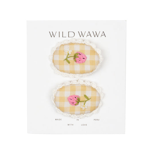 Yellow Gingham Strawberry Crochet Clip Set