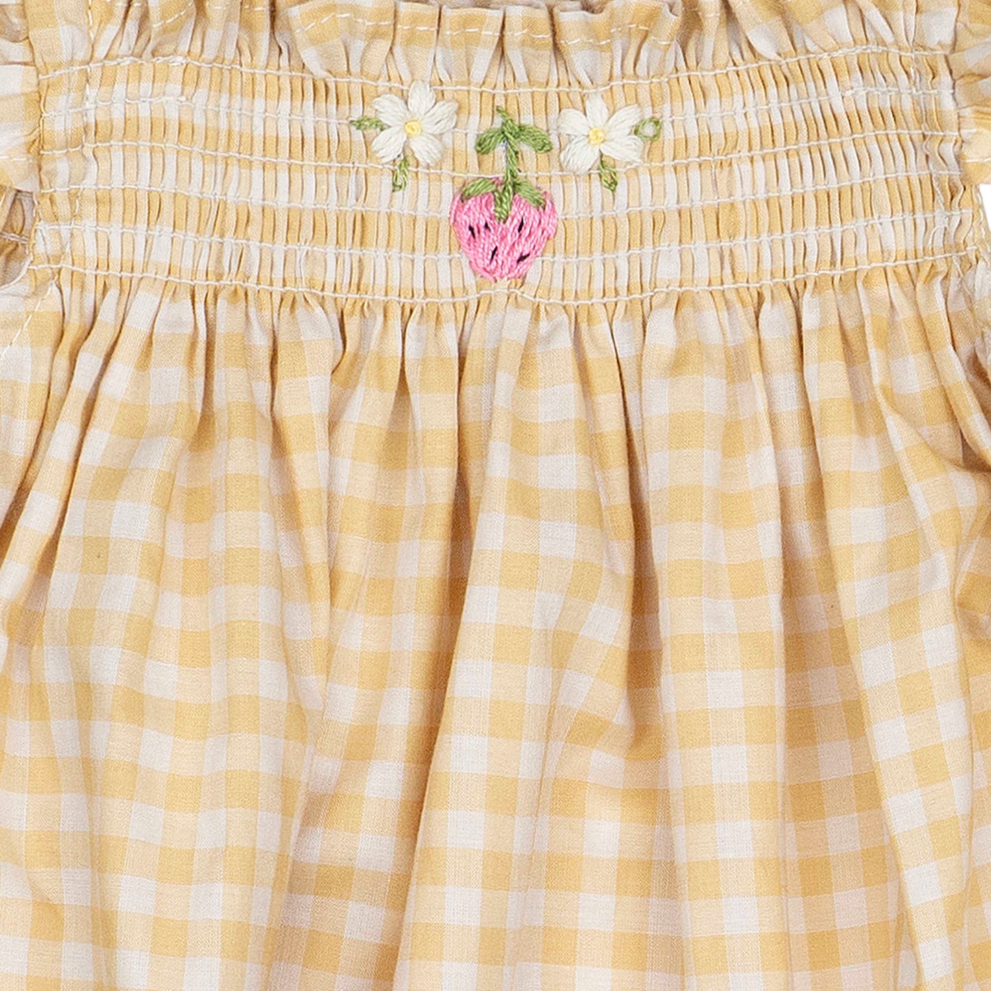 Yellow Gingham Strawberry Smock Flutter Dress