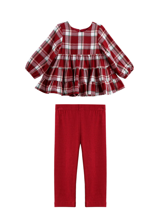 A toddler girl's two-piece outfit set featuring a red, white, and gray plaid long-sleeve ruffled top and solid red leggings, displayed against a plain white background.