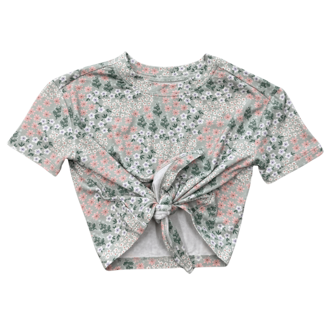Floral patterned crop top for toddler girl with a front tie knot detail 