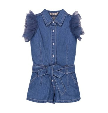 Denim Romper W/Tulle Sleeve